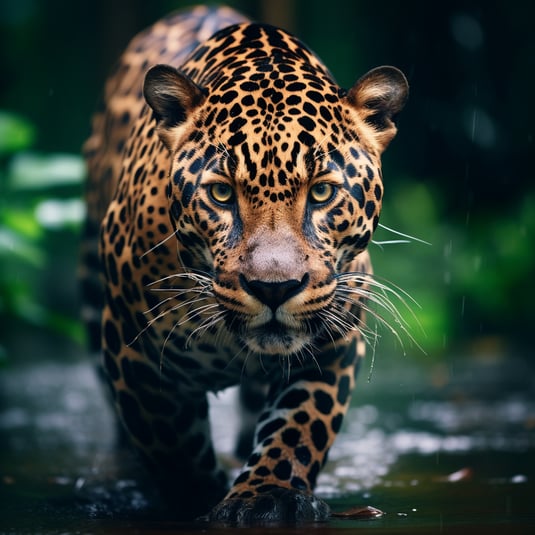 Jaguar im Regenwald HD-Hintergrundbild, im Stil von Bewegungsunschärfe, 8K-Auflösung, Wassertropfen, charaktervolle Tierporträts, thailändische Kunst, fotorealistische Techniken