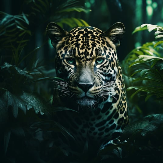Ein Leopard in der Nähe von Laub im Dschungel, im Stil realistischer Porträts, Rotverschiebung, bedrohliche Atmosphäre, verschmilzt mexikanische und amerikanische Kulturen, elegante, gefühlvolle Gesichter, fotorealistische Techniken