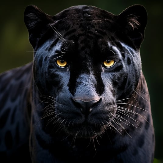 Der schwarze Panther ist ein wild aussehendes Tier, geringe Schärfentiefe, dunkles Weiß und Gold, glänzende Augen