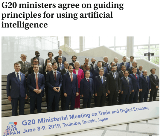 Ministers in charge of trade and digital economy issues pose Saturday during a G20 ministerial meeting in Tsukuba, Ibaraki Prefecture. | KYODO (June 2019)