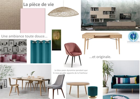 Un papier peint métallique adoucit par une peinture rose poudré. Un choix de bois naturel avec des lignes de mobilier sobres.  sur Saumur 49, Isabelle Mourcely, décoratrice UFDI à Tours 37000 et Chinon 37500. 