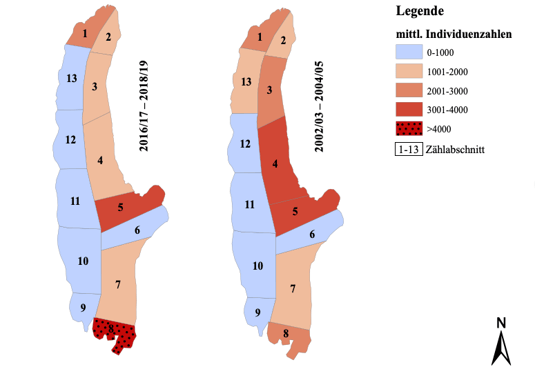 Abbildung 2: Mittlere Wintersumme (Mittel der acht Monatssummen) der beiden dreijährigen Zeitreihen von 2002/03 – 2004/05 & 2016/17 – 2018/19 [Sep.-Apr.]