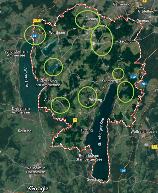  Landkreis Starnberg und Lage der Fokusgebiete aufgrund der Ornitho-Daten