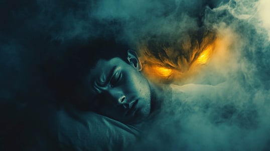 Ein Mann mit Afro liegt im Bett, die Augen geschlossen, ein leuchtend gelber Dämonenkopf taucht aus dem Rauch über seinem schlafenden Gesicht auf, filmreife Beleuchtung, eine neblige, dunkle Atmosphäre, geheimnisvoll.