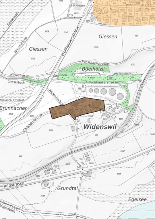 Die «provisorische Weilerzone Widenswil» (braun markiert) im Fokus der Vernehmlassung aus Bubikon (Screenshot:: Kantonale Baudirektion/buebikernews)