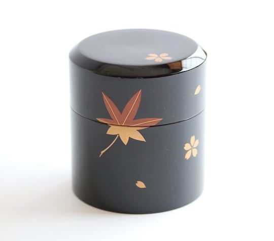 山中塗 うるし塗 漆塗 茶筒 黒春秋蒔絵 木製 水目桜