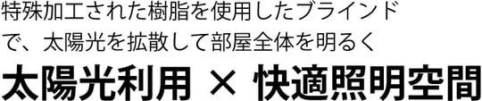 特殊加工された樹脂を使用したブラインドで、太陽光を拡散して部屋全体を明るく 太陽光利用 × 快適照明空間
