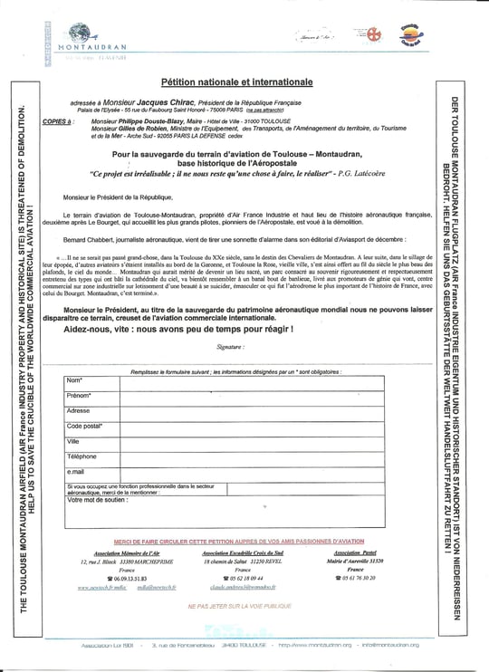 Pétition lancée à la création de notre association en 2003 à partir du texte de Bernard CHABBERT pour la défense du site historique de Toulouse-Montaudran.