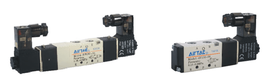 elettrovalvole monostabili e bistabili 5 vie due posizioni e 5 vie tre posizioni. Da M5, 1/8", 1/4", 3/8", 1/2", complete di bobine e connettore luminoso