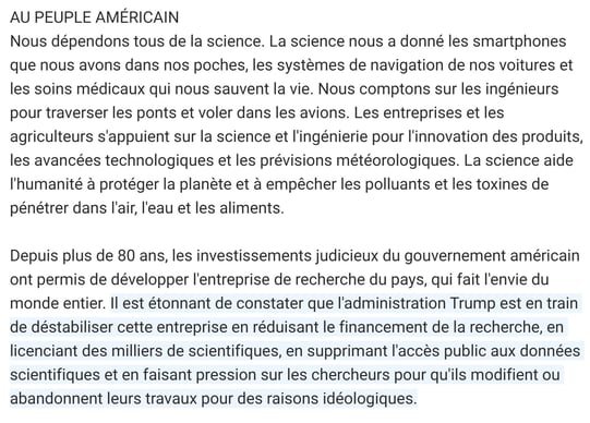 Extrait de l'appel des plus grands scientifiques US au peuple américain