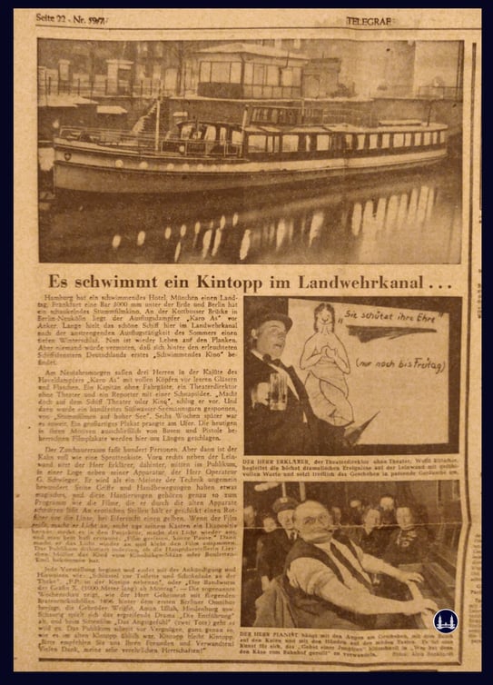 Zeitungsartikel des "Telegraf" vom 9. März 1952 über das "Schwimmende Kintopp" der Reederei Schmidt an der Kottbusser Brücke.