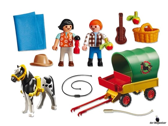 Im Paket Playmobil 6948 ist enthalten ein Ponywagen Figur Junge, Mädchen, Pony und diverses Zubehör wie Picknickkorb und Verpflegung.