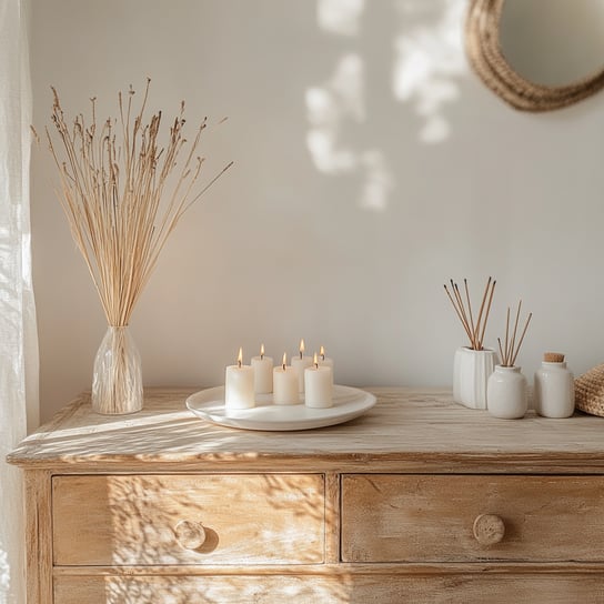 Eine helle Holzkommode mit Duftkerzen und Schilfrohrdiffusoren darauf, eine neutrale Farbpalette, Sonnenlicht, ein ästhetisches, minimalistisches Design.