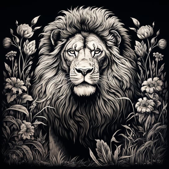 Eine wunderschöne schwarz-weiss Illustration eines Löwen der umgeben ist von blühenden Blumen und Gräsern, der Hintergrund ist schwarz