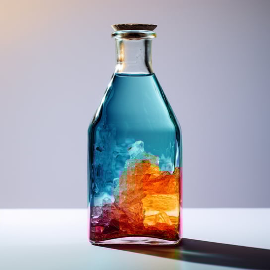Eine mit blauer Flüssigkeit gefüllte Glasflasche, die zur Hälfte mit orangefarbenen und roten Kristallen bedeckt ist. Die Hintergrundfarbe sollte hellgrau sein, um einen Kontrast zwischen der dunklen Flüssigkeit in der Flasche und ihrer Umgebung