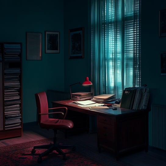 Ein dunkler Raum mit einem Schreibtisch, einem Stuhl und einer roten Lampe darauf. Neben dem Tisch steht ein offener Aktenschrank. Das Fenster hat transparente Vorhänge, die die Szene in Blaugrün- und Blaugrüntönen erhellen. Vorne liegt ein Stapel Papiere