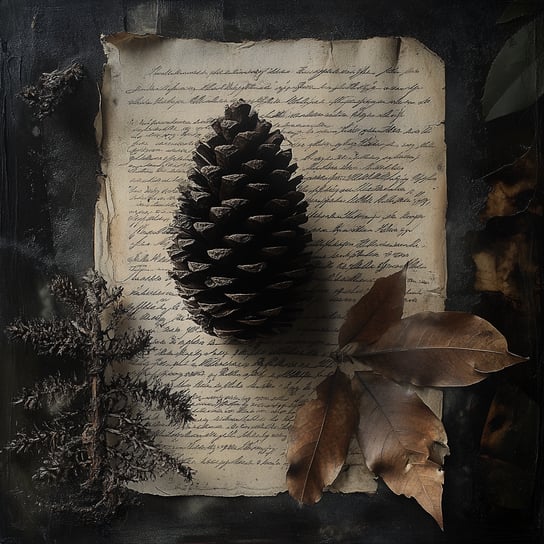 Altes Schreibpapier mit antiker Schrift, Tannenzapfen und getrockneten Blättern, dunkler Hintergrund, hyperrealistische Stillleben, Magierwelle, akademische Malerei, hohe Auflösung, romantischer Charme, natürliche Materialien