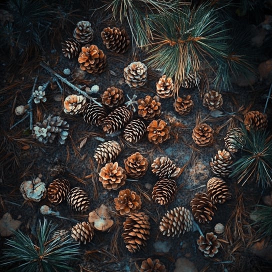 Auf dem Waldboden verstreute Zapfen und Tannenzweige, von oben im Hügelstil geschossen. Hochauflösende Fotografie, wahnsinnig detailliert mit feinen Details