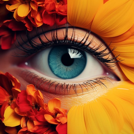 Augen und Blumen, Fotografieren der Blume, im Stil des Realismus mit surrealistischen Elementen, helle Farbpalette, Cyan und Bernstein, geteilte Tönung, fotorealistisches Auge, UHD-Bild