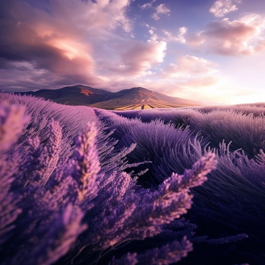 Lavendelfeld bei Sonnenuntergang, im Stil des Realismus mit surrealistischen Elementen, dunklen und stimmungsvollen Landschaften, UHD-Bild, leuchtenden und traumhaften Szenen, nationalgeografischem Foto, von der Natur inspirierten Bildern