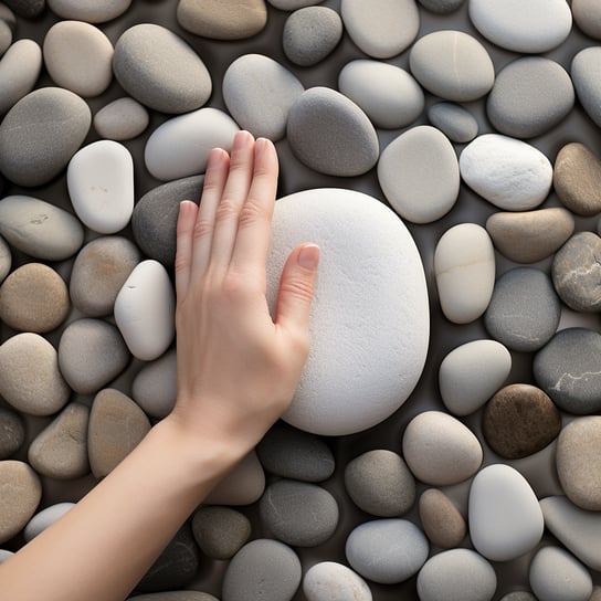 die Hand einer Person, die einige Kieselsteine ​​auf dem Hintergrund berührt, japanischem Minimalismus, Trompe l'oeil, weichen und abgerundeten Formen, installativ, zurückhaltende Gelassenheit, Tumblewave