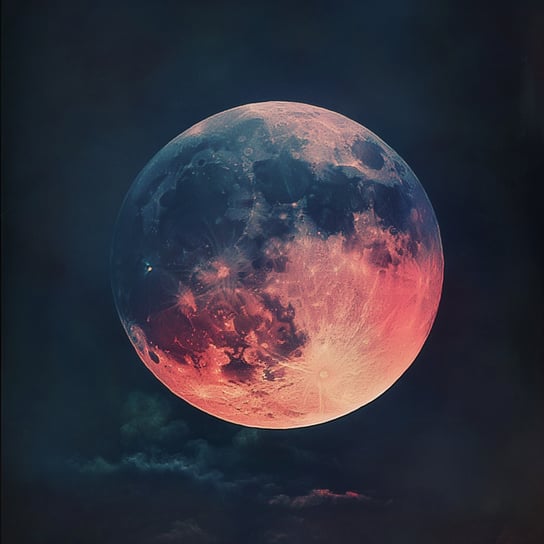 Vollmond, dunkler Himmel, hyperrealistisch, filmisch, Oktan-Rendering, bunt, roter und blauer Farbverlauf, digitale Kunst, hohe Auflösung, hoher Kontrast, lebendige Farben, verträumte Stimmung, ätherisch, Fantasy-Stil, geheimnisvoll, himmlisch