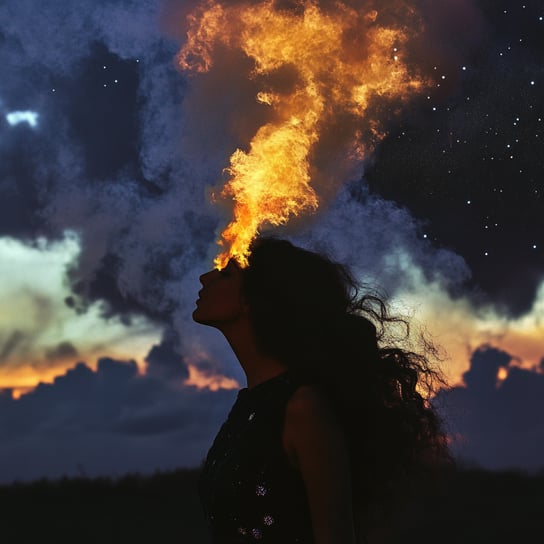 Ein Foto zeigt eine Frau mit nach hinten geneigtem Kopf, aus deren stirn Flammen empor steigen. Hintergrund ist dunkel und bewölkt, aber man kann Sterne zwischen den Wolken erkennen. Es entsteht ein Explosionseffekt, wenn sie Flammen ausstößt.