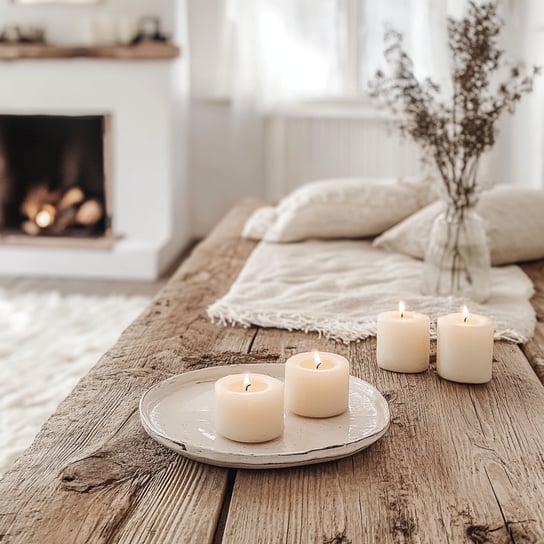Auf einem rustikalen Holztisch mit drei weißen Kerzen steht ein eleganter Keramikteller mit einer brennenden Kerze. Im Hintergrund ist ein gemütliches Wohnzimmer mit sanfter Beleuchtung und einem Kamin in der Ferne zu sehen. 