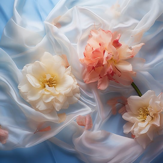 Weiße und rosa Blumen auf einem Stoff, im Stil ätherischer Porträts, helles Indigo und Bernstein, verspielte, traumhafte Bilder, durchscheinende Flächen, Canon EOS 5D Mark IV, fließende Stoffe, anmutige Skulpturen