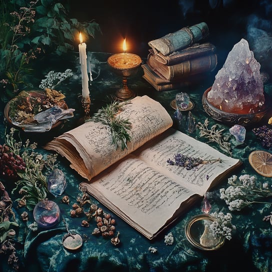 A beautifully detailed digital artwork depicting an open spellbook surrounded by various magical items, including candles, crystals, and herbs on the table. The background is dark with hints of greenery. This scene evokes ancient magical realism.