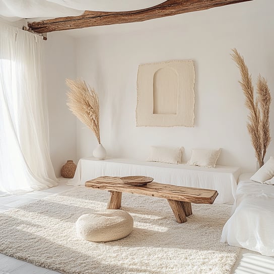 Ein weißes Wohnzimmer im Boho-Stil mit einer Bank aus Naturholz, einem großen, flauschigen Teppich und Pampasgras im Hintergrund. Der Raum verfügt über eine minimalistische, in neutralen Farbtönen gehaltene Wohnästhetik im Bohème-Stil mit sanfter Beleucht