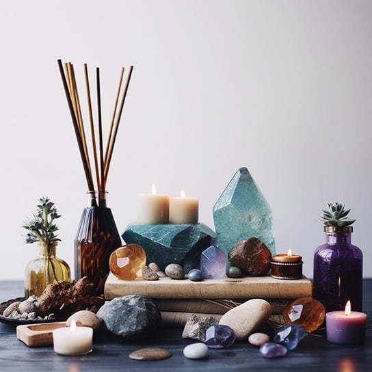 Kristallsteine, Steine ​​und Kerzen, im Stil verschwommener, metaphysischer Innenräume, Lila und Blau, Artefakte der Online-Kultur, Verwendung von Erdtönen, organisches Material, helles Kastanienbraun und Blaugrün