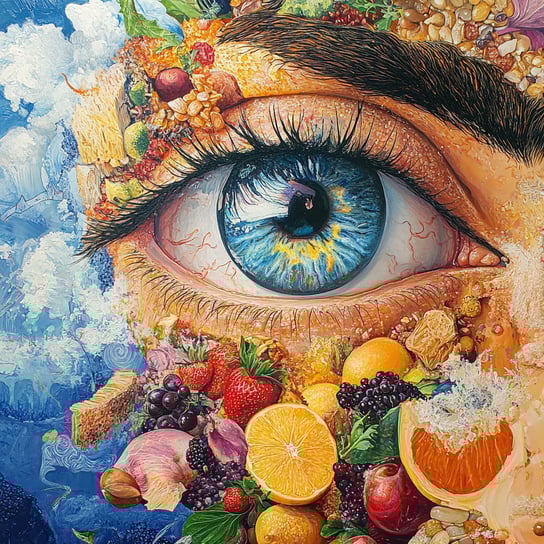 Ein Auge umgeben von Früchten, Gemüse und Körnern im Stil eines Ölgemäldes, detailliert und farbenfroh. Der Hintergrund ist ein blauer Himmel mit weißen Wolken. Durch das offene Auge ist das Gesicht eines Mannes zu erkennen. Darüber sollte auch noch Weize