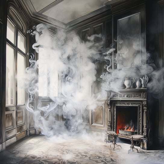 ein Gemälde aus Rauch, der aus einem alten Kamin kommt, im Stil hyperrealistischer Fantasie, barock inspirierte figurative Werke, Spiegelkabinett, Grisaille, Spukhäuser, konzeptuelle Installationskunst, sanftes Licht