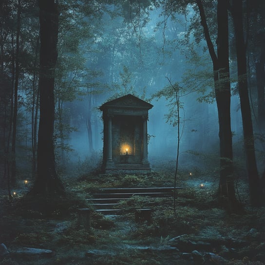 Ein kleiner Tempel mitten in einem alten Wald bei Nacht, beleuchtet von Kerzen und Laternen, mit einer nebligen Atmosphäre, die eine fantasievolle Szene schafft.