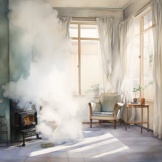 Rauch und Dampf, der aus einem Kamin kommt, im Stil realistischer Aquarellgemälde, lichtdurchfluteter Kompositionen, hyperrealistischer, referentieller Malerei, skurriler Landschaften, häuslicher Innenräume, nostalgischer Illustrationen