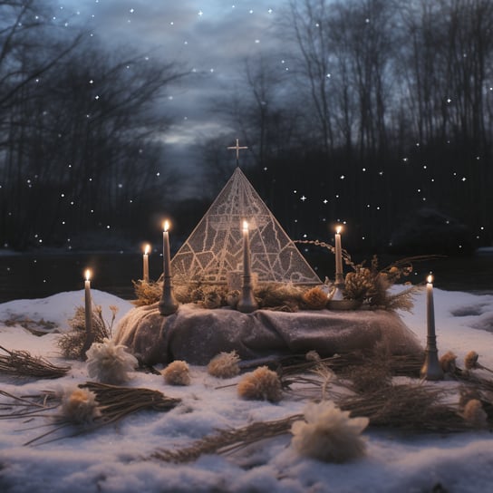 ein Holzaltar mit Kerzen und Schnee darauf, im Stil des fotorealistischen Surrealismus, Vray, kompliziertes Geschichtenerzählen, pastorale Kulissen, sanfte, verträumte Szenen, mittelalterliche Inspiration, skurriles Geschichtenerzählen