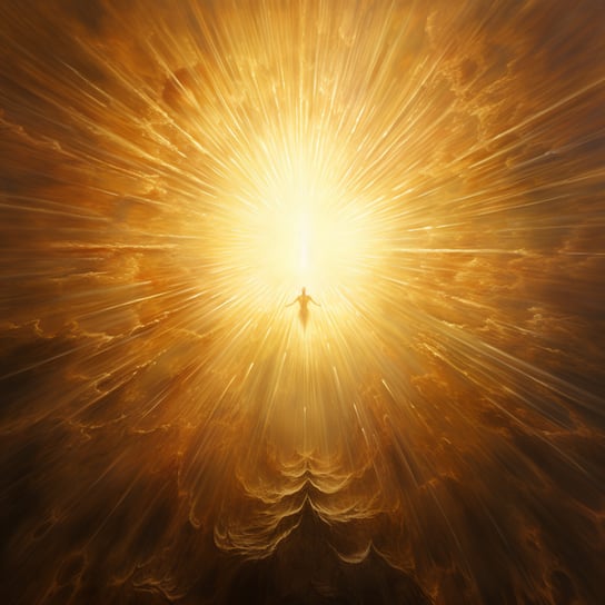 Es stellt einen Mann dar, der umgeben von Wolken vor der gleißenden Sonne steht, im Stil spiritueller Dimensionen, realistische Darstellung von Licht, Gold und Bernstein, Heiligtum, Hochgeschwindigkeitssynchronisation, Synthetismus, UHD-Bild