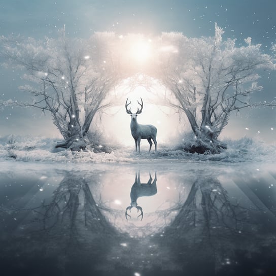 Ein Hirsch, der in der Nähe eines großen stillen Gewässers steht, umgeben von winterlichem Winterhirsch, Naturlandschaft, Schnee, Wald, Eis im Wasser der Wildnis.  im Stil surrealistischer Fantasielandschaften, helles Himmelblau und helles Gold