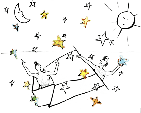 Skizze, die Oberkörper eines nackten Manns und einer nackten Frau schauen aus der offenen Schachtel. Sonne und Mond stehen beide am Himmel, überall sind Sterne 