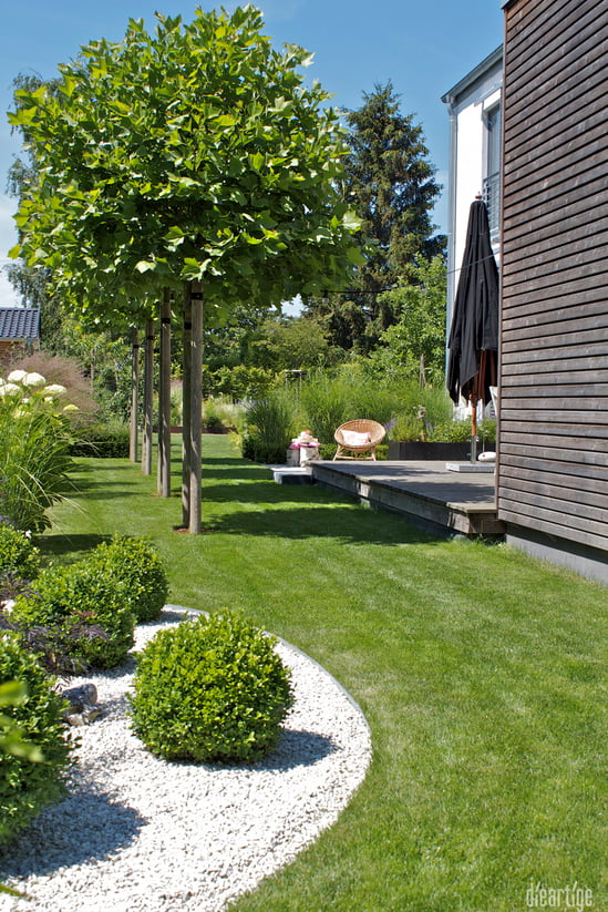 dieartigeBLOG - Sommergarten mit Schatten von Platanen, Buchs, Ballhortensien, Gräsern