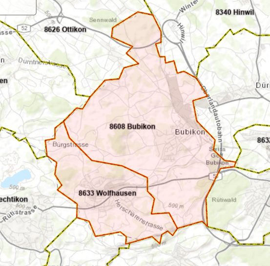 Die «Grenze» zwischen Bubikon und Wolfhausen nach Postleitzahlen (Bild: Screenshot post.ch)