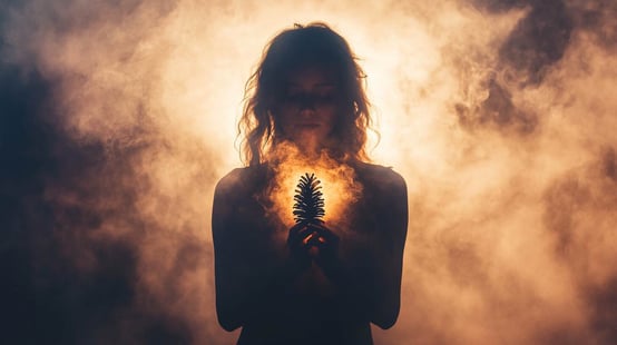 Eine Frau steht im Dunkeln, umgeben von Rauch, und hält einen kleinen Tannenzapfen, der von innen leuchtet.