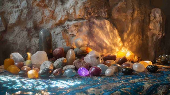 Bunte Edelsteine ​​und Kristalle, arrangiert auf einem beleuchteten Tisch vor einer Höhlenwand, angestrahlt von warmem Licht, umgeben von natürlichen Felsformationen, schaffen eine mystische Atmosphäre.