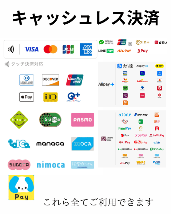 支払い方法はVISA（ビザ),mastercard(マスターカード）,JCB（ジェーシービー）,AMEX（アメックス）,ユニオンPay,ダイナースカード,DISCOVER,APPLEpay,ID,クイックpay,SUICA,PASMO,各種交通系,d払い,AUpay,楽天pay,LINEpay,Jcoin,AIipay,paypay等でお支払いできます