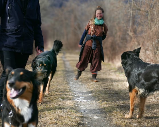 Menschen kommunizieren in Nähe und Distanz mit ihren Hunden. Körpersprache vom Mensch ist 