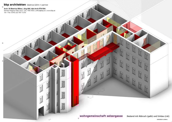 Wohngemeinschaft Selzergasse - Bestand mit Abbruch (in gelb) und Umbau (in rot)
