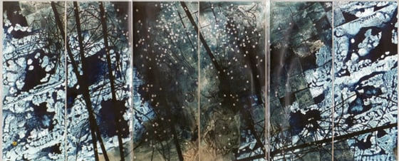 青い花2015アクリル、銀箔、キャンバス130×318Cm-yamashita