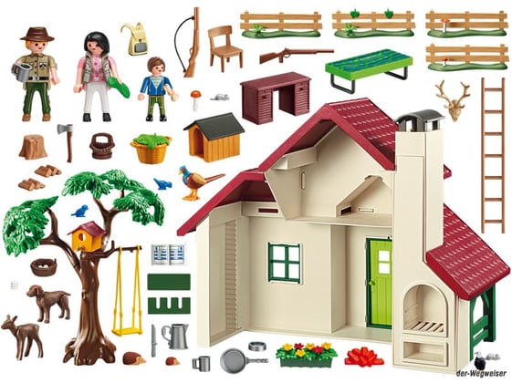 Im Paket Playmobil 6811 ist enthalten ein grosses Forsthaus mit Förster, Frau, Junge, viele Tiere und Zubehörteile.