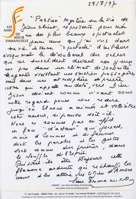 Lettre de Soeur Emmanuelle aux Baladins